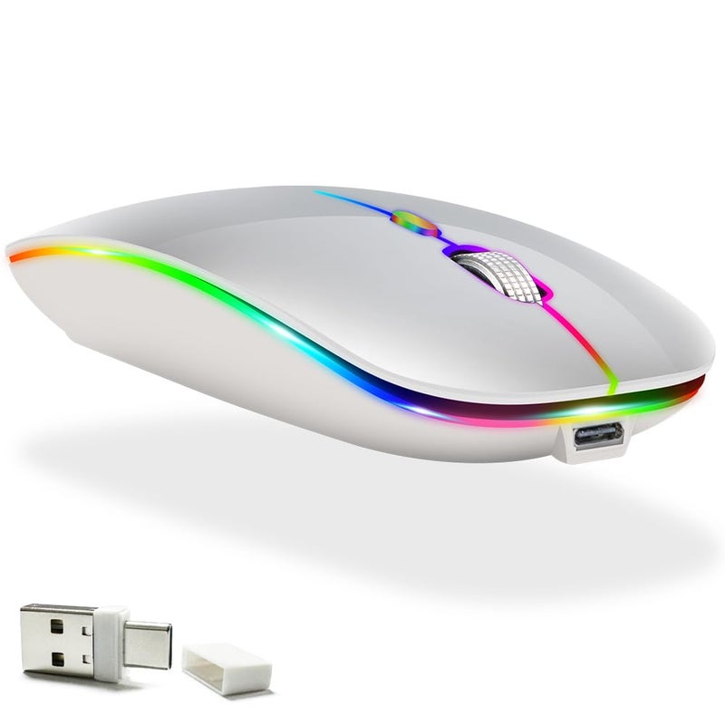 KLO LED Rechargeable Mouse(BT5.2+Type-C+USB2.4G) Bluetooth Mouse for MacBook/MacBook air/Pro/Laptop/Notebook/pc/iPad/Chromebook (A LED/Silver) - Image 1